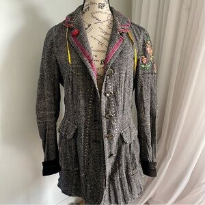 Marithe Francois Girbaud Black & Gray Tweed Blazer with Pink Trim and Embroidery